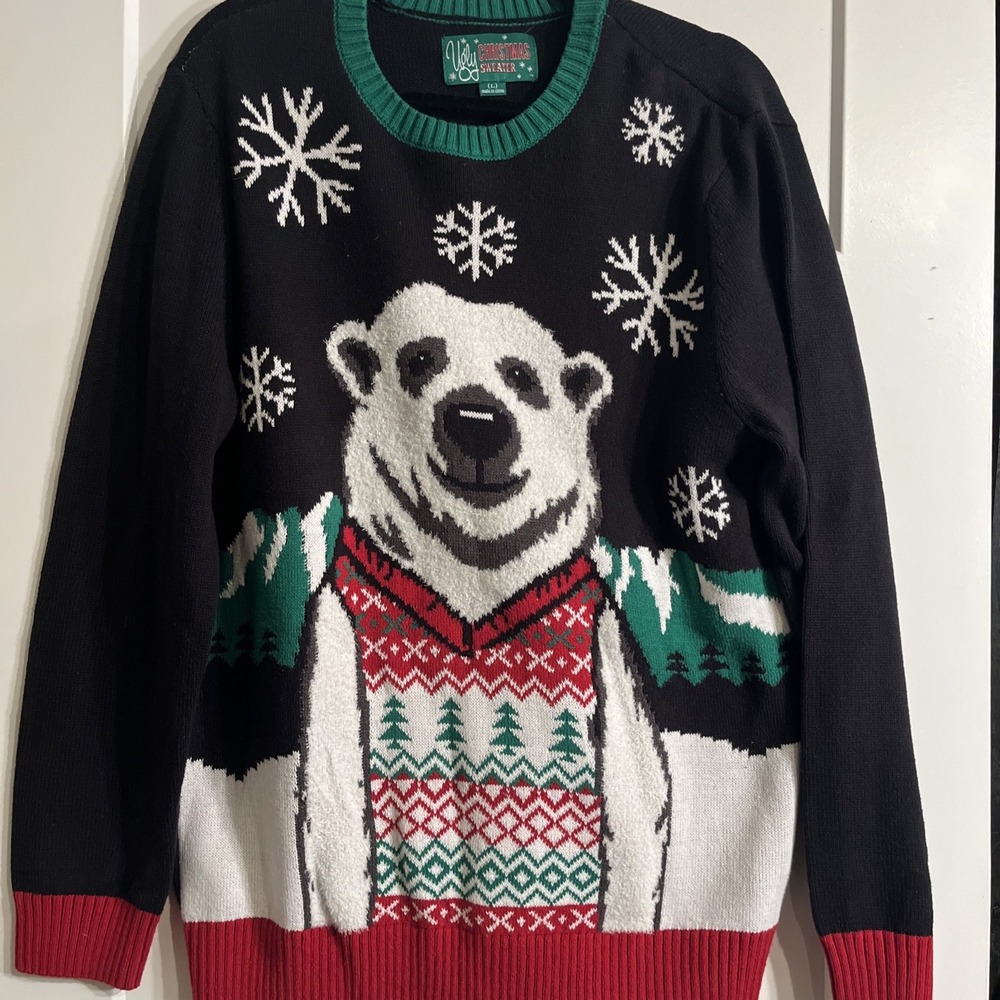 Ugly Christmas Sweater Men's Large Polar Bear Snowflakes Black Red Green